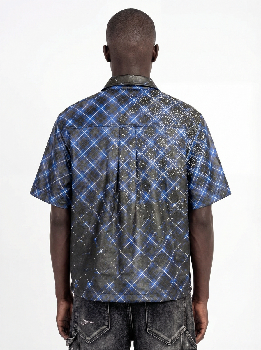 GUAPI men's blue patterned short-sleeve button-up shirt, plaid back with center seam