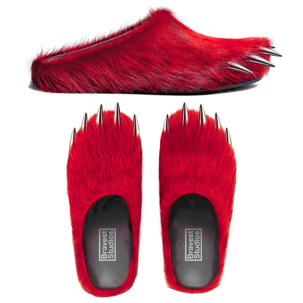 Red Bravest Studios bear claw mules with white claw accents and gray branded insoles
