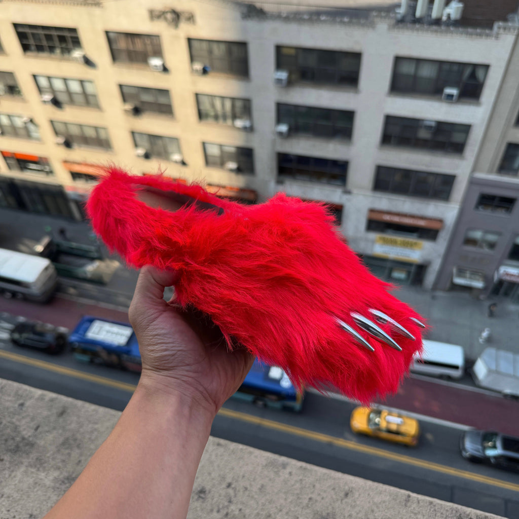 Red bear claw mule viewed from side, open toe with long silver claw appliques