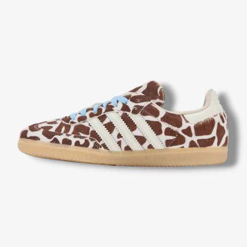 Adidas Samba OG women's sneakers, giraffe print upper, white stripes, gum sole