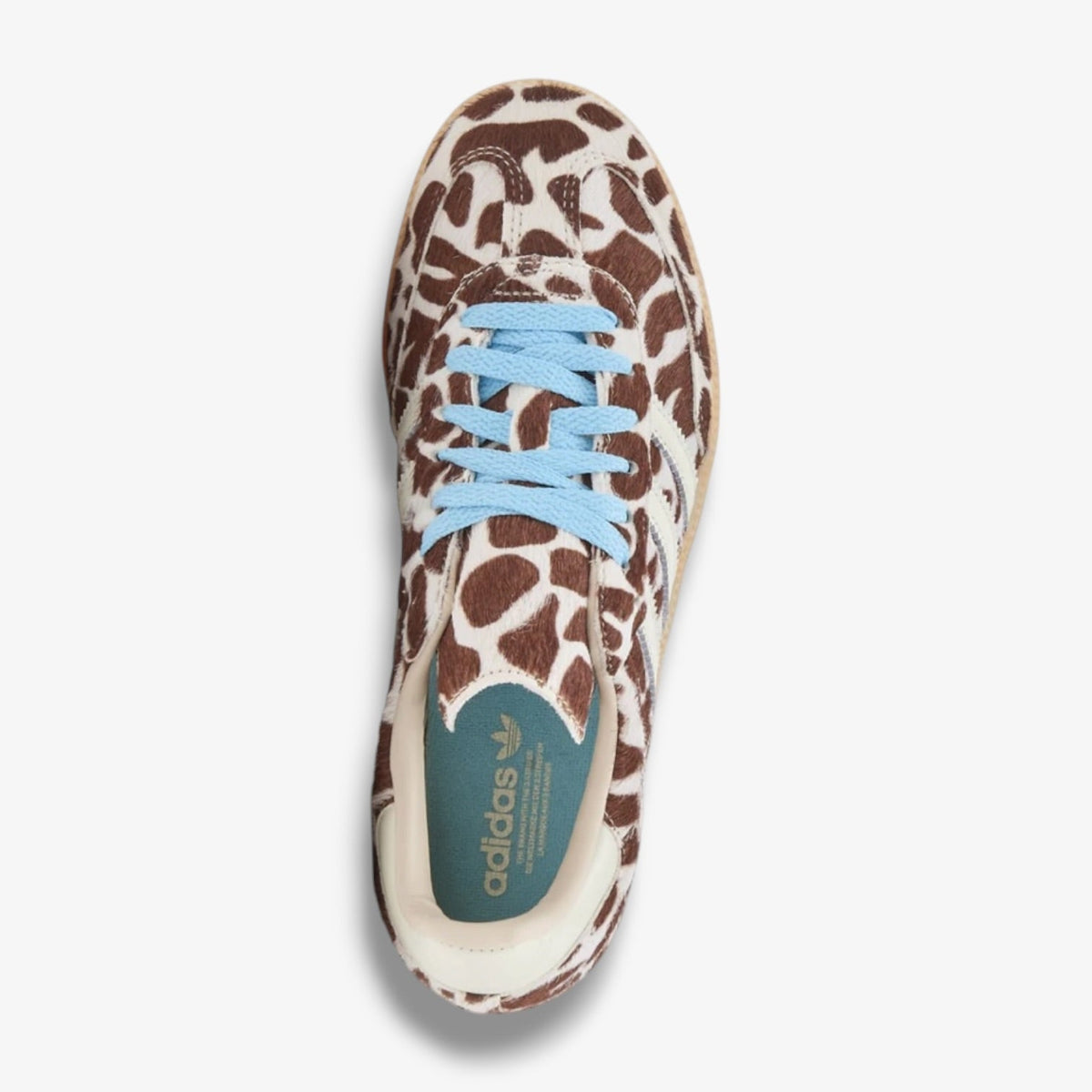 Adidas Samba OG women's sneakers, side view with giraffe print and blue lace