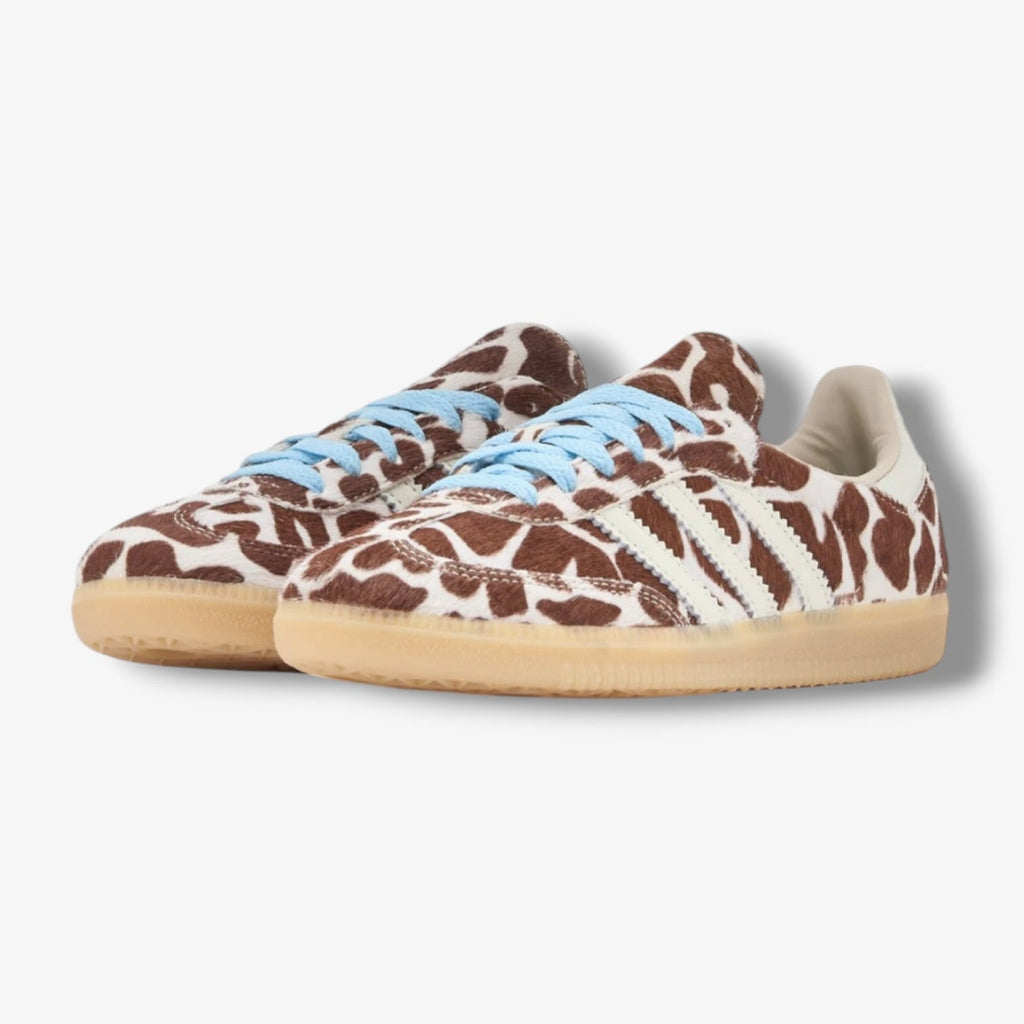 Adidas Samba OG women's sneakers with giraffe print, blue laces, gum sole