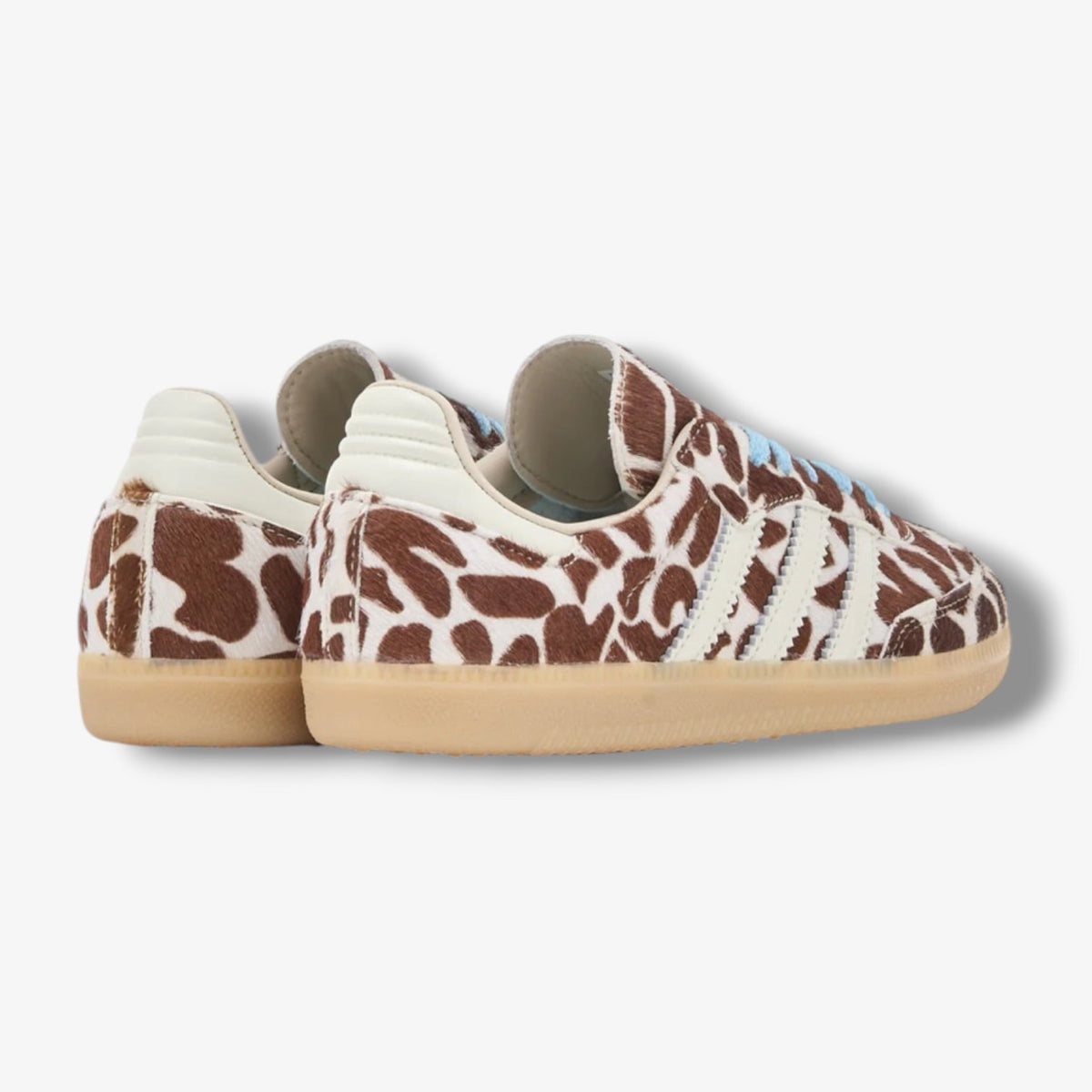 Adidas Samba OG women's sneakers, heel and side view with giraffe print and gum sole
