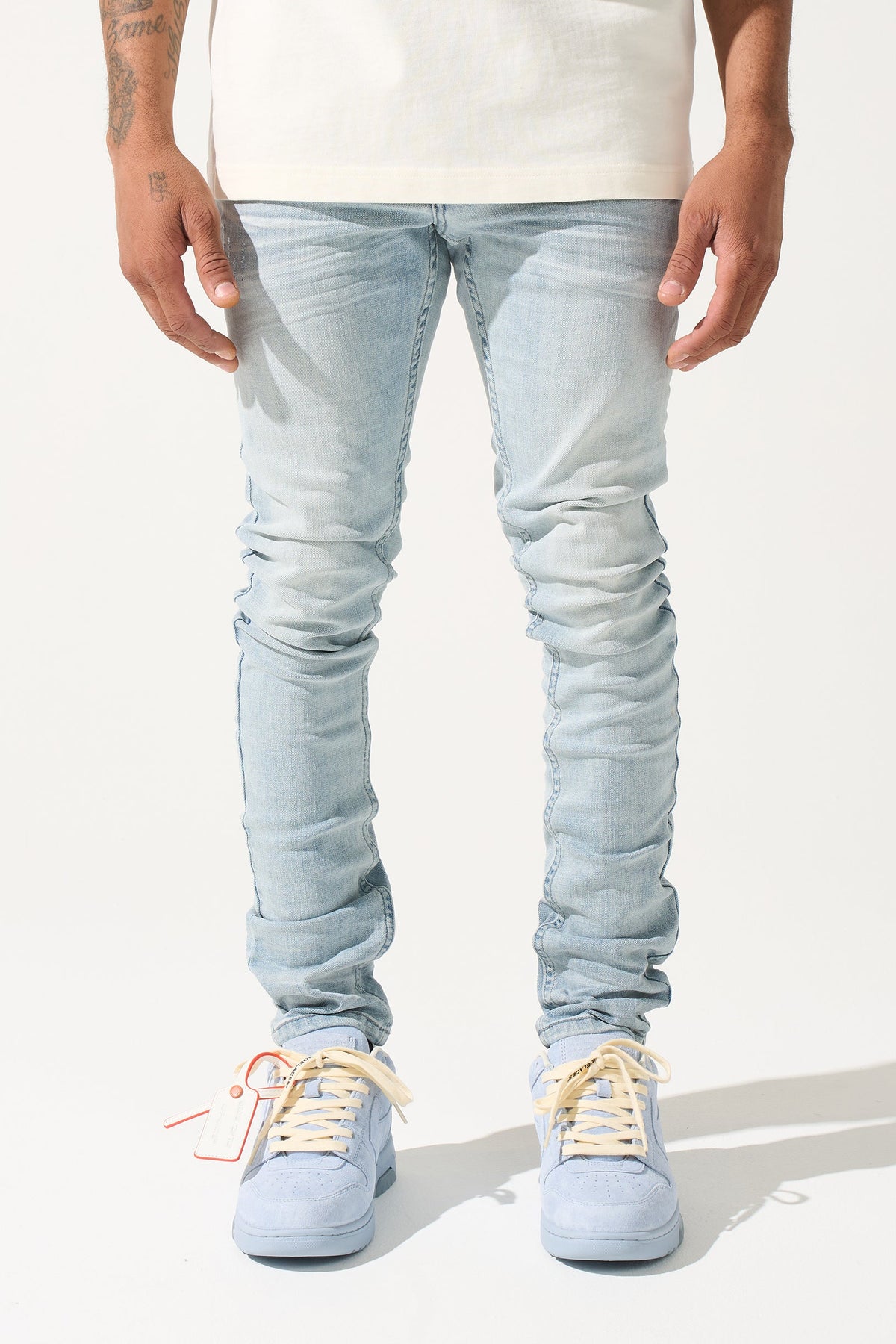 Men's ICE jeans, light blue wash with whisker fading at the thighs