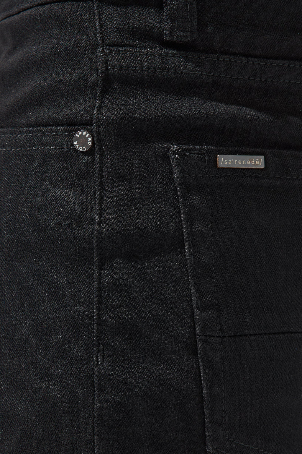 Men's dark jeans close-up: waistband button, belt loops, and stitched pocket