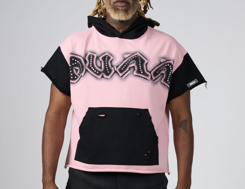 Men's hooded short-sleeve hoodie, pink with black pouch pocket and jeweled logo