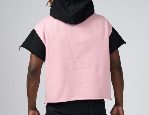Men's hooded short-sleeve hoodie, pink body with black hood and black sleeves