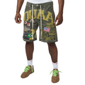 DUAA men's dark green drawstring shorts with bold graphic prints and patches