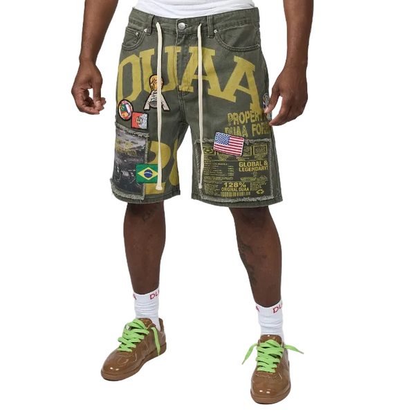 DUAA men's dark green drawstring shorts with bold graphic prints and patches