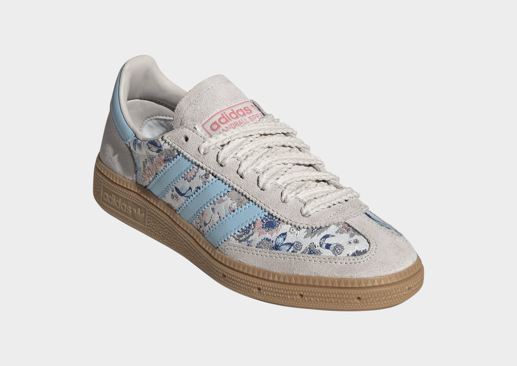 Kids' adidas Spezial sneakers, off-white suede with blue floral panel and gum sole