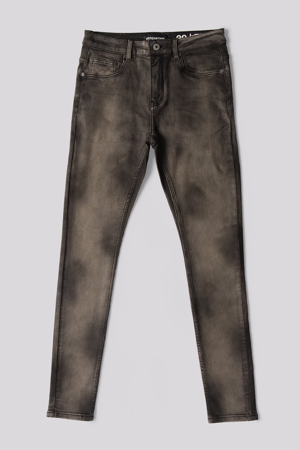 Men's olive-wash denim jeans, front view with button fly and belt loops.