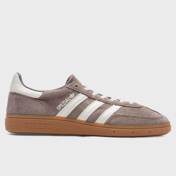 Women's suede sneaker with adidas stripes, off-white accents, gum rubber sole