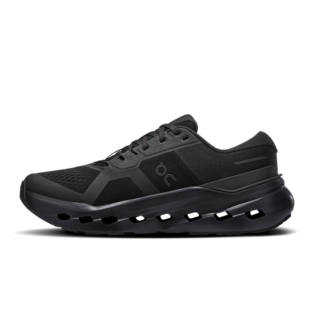 On Running wide running shoes, black knit upper with Cloud-style cushioning