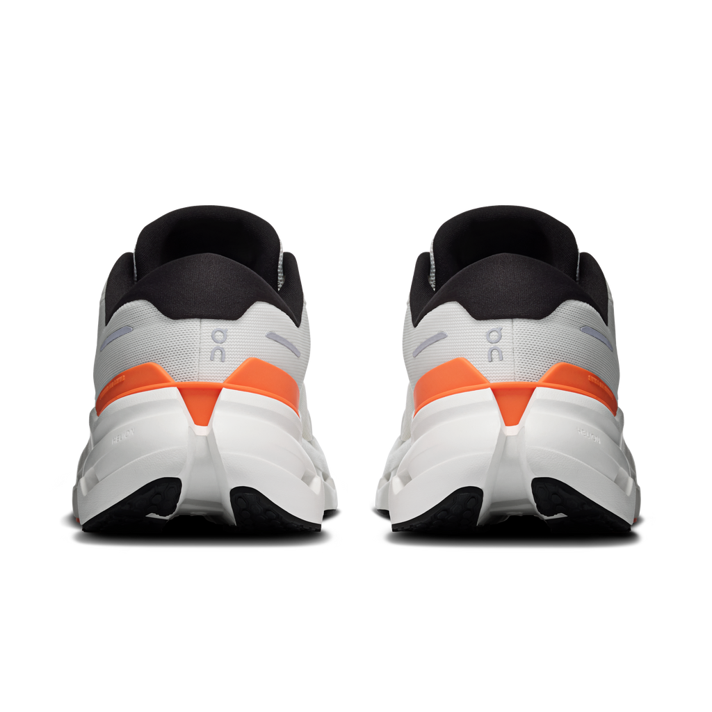 Men's running shoes heel view, ivory back with orange heel insert and gray accents