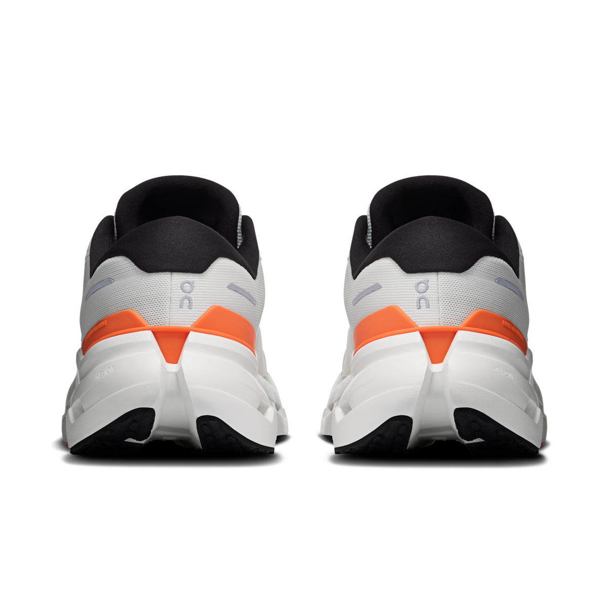 Men's running shoes heel view, ivory back with orange heel insert and gray accents