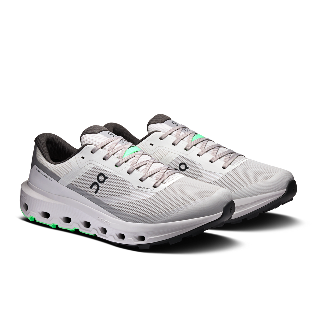 Men's waterproof running shoes, silver upper with black collar, lace-up with green sole edge