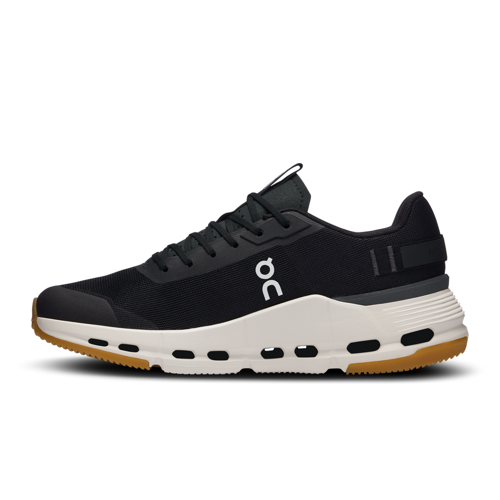 On Cloudnova women's running shoes, black fabric upper with ivory midsole and pods