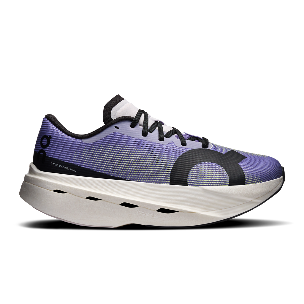 On Cloudboom Volt running shoes, purple knit with black logo, white CloudTec sole