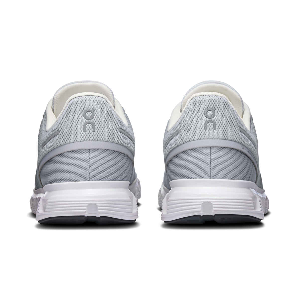 Men's wide running shoes heel view, light gray mesh with white midsole
