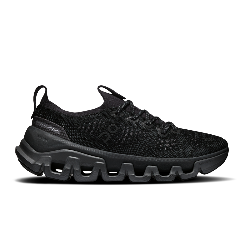 Black knit lace-up running shoe with thick cushioned midsole and Cloud-style pods outsole