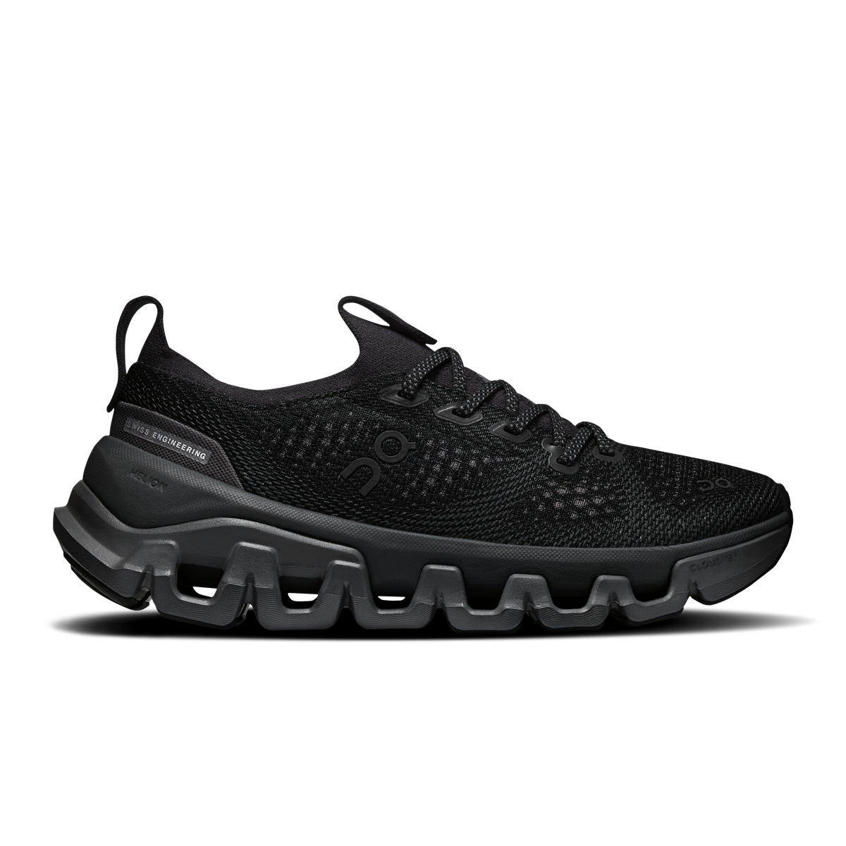 Black knit lace-up running shoe with thick cushioned midsole and Cloud-style pods outsole