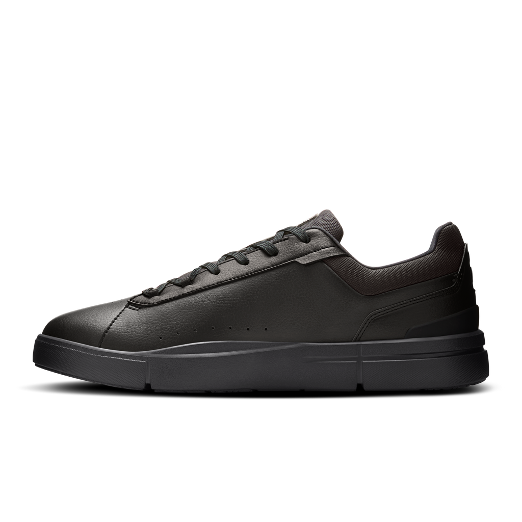 On men's black lace-up sneakers with smooth leather upper and padded collar