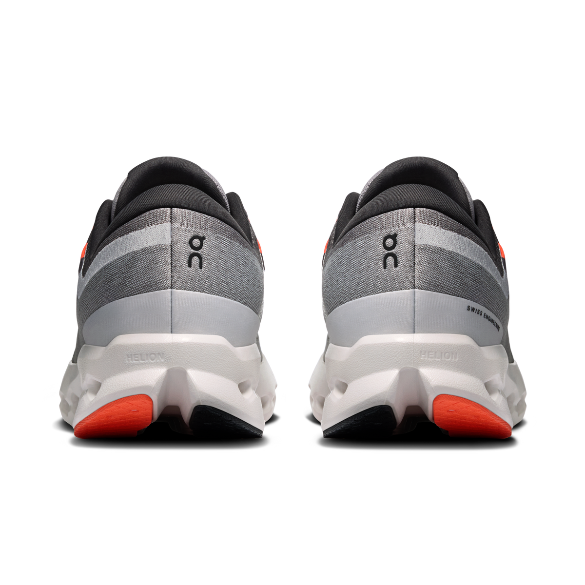 Men's running shoes heel view: gray fabric, white heel wedge, orange pods.