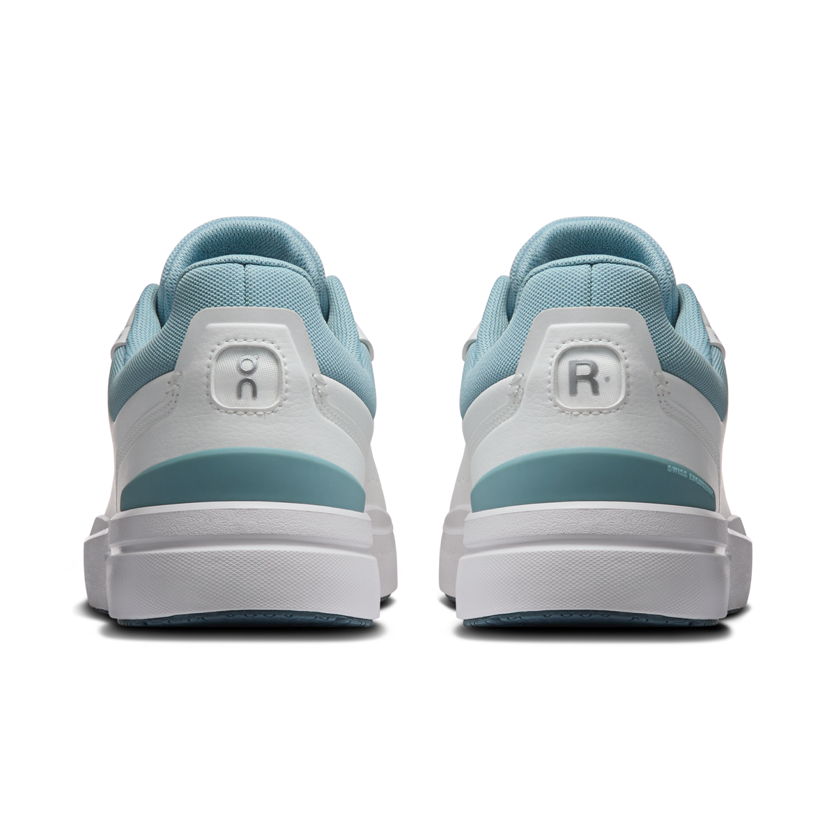Men's heel view sneakers with white upper, light blue lining, and R logo