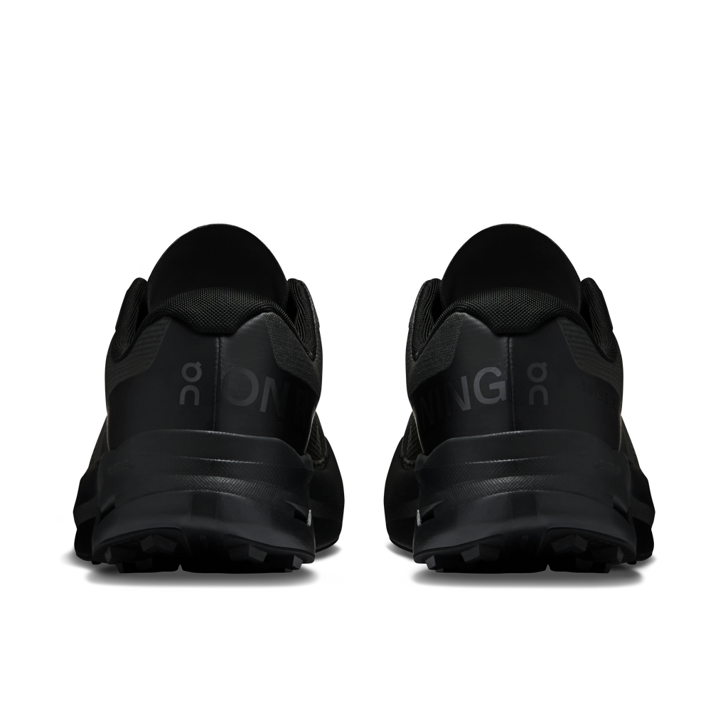 Men's On running shoes, black back view with heel cushioning and collar pull tab