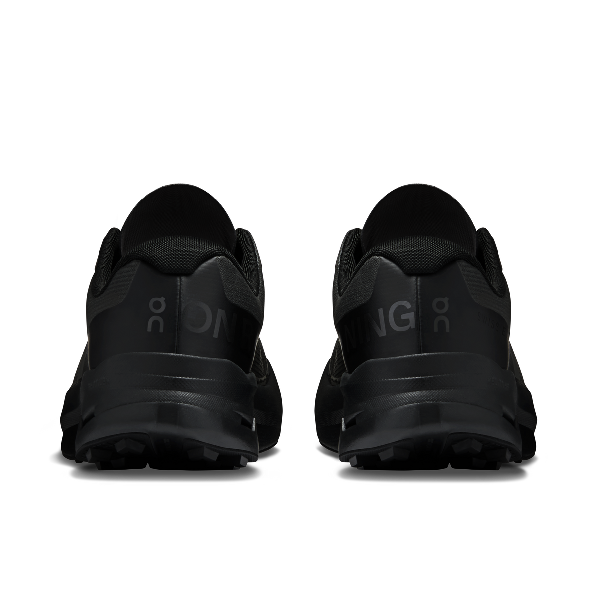 Men's On running shoes, black back view with heel cushioning and collar pull tab