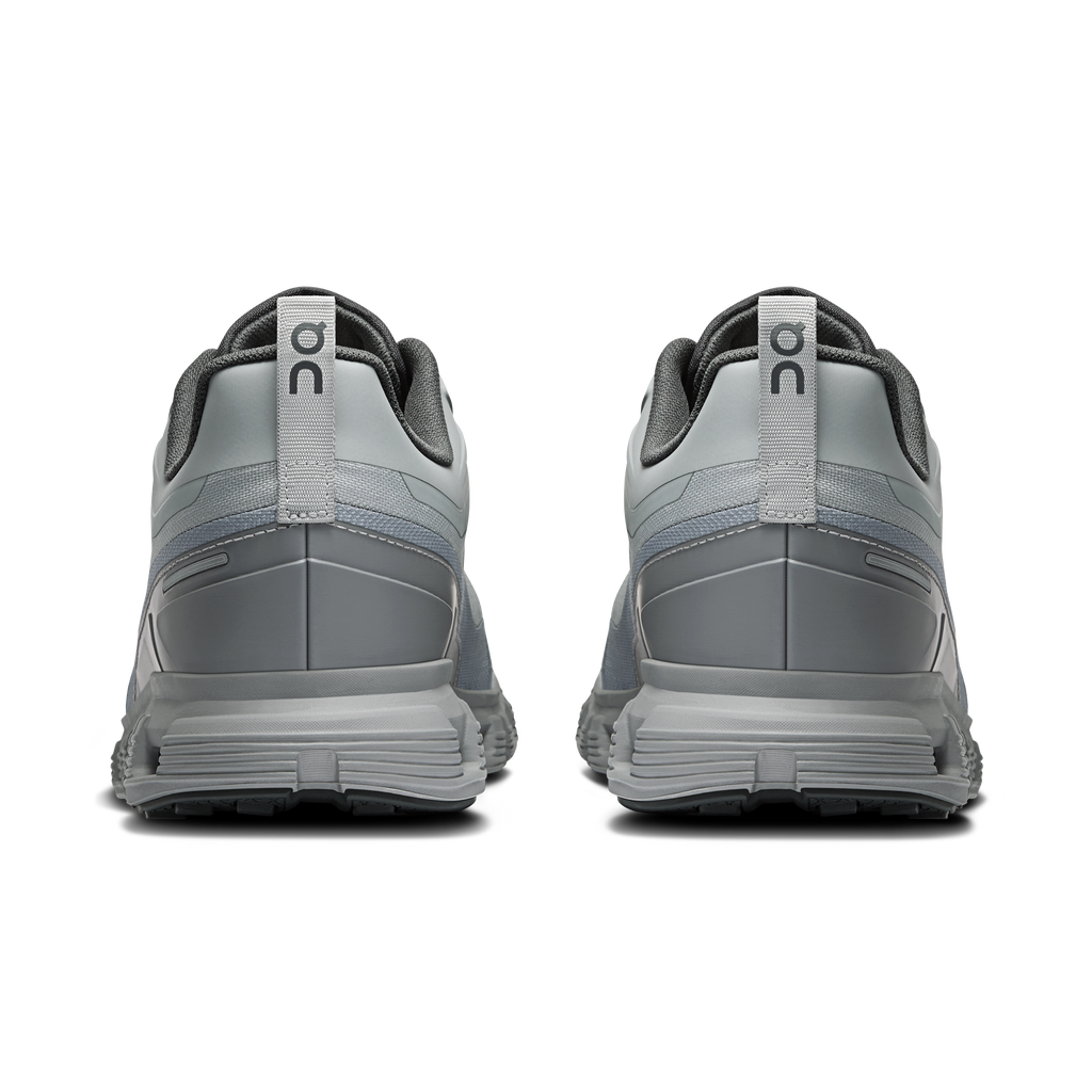 Men's alloy gray running shoes, rear view with heel tab and CloudTec cushioning sole