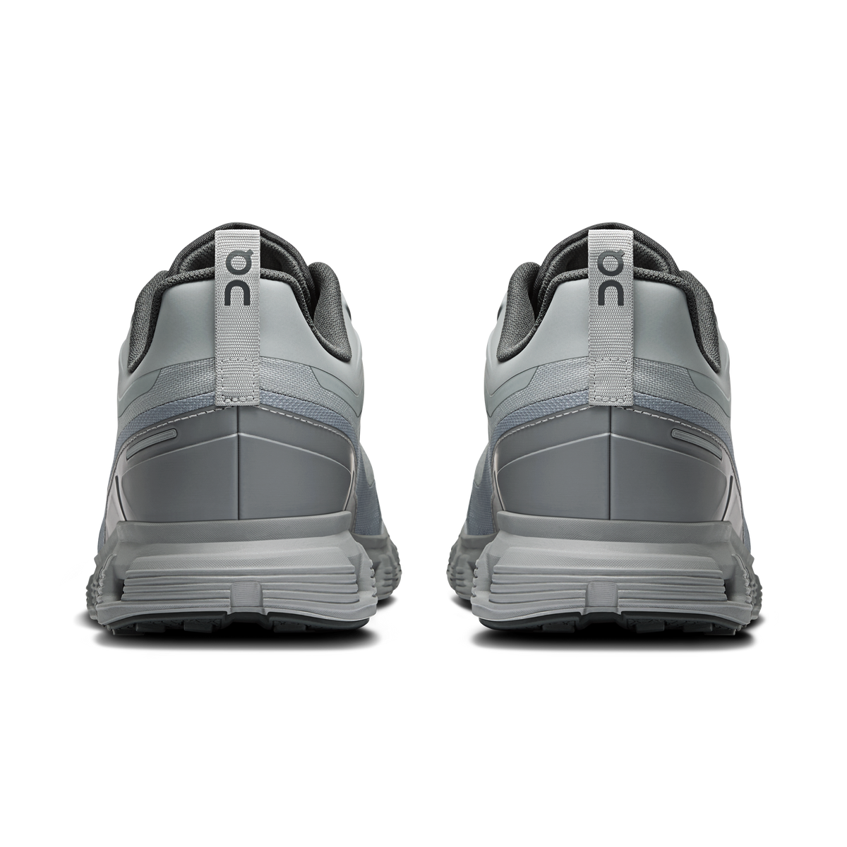 Men's alloy gray running shoes, rear view with heel tab and CloudTec cushioning sole