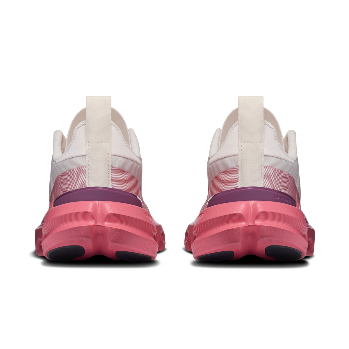 Women's running shoes heel view, white upper with pink outsole and pull tab.