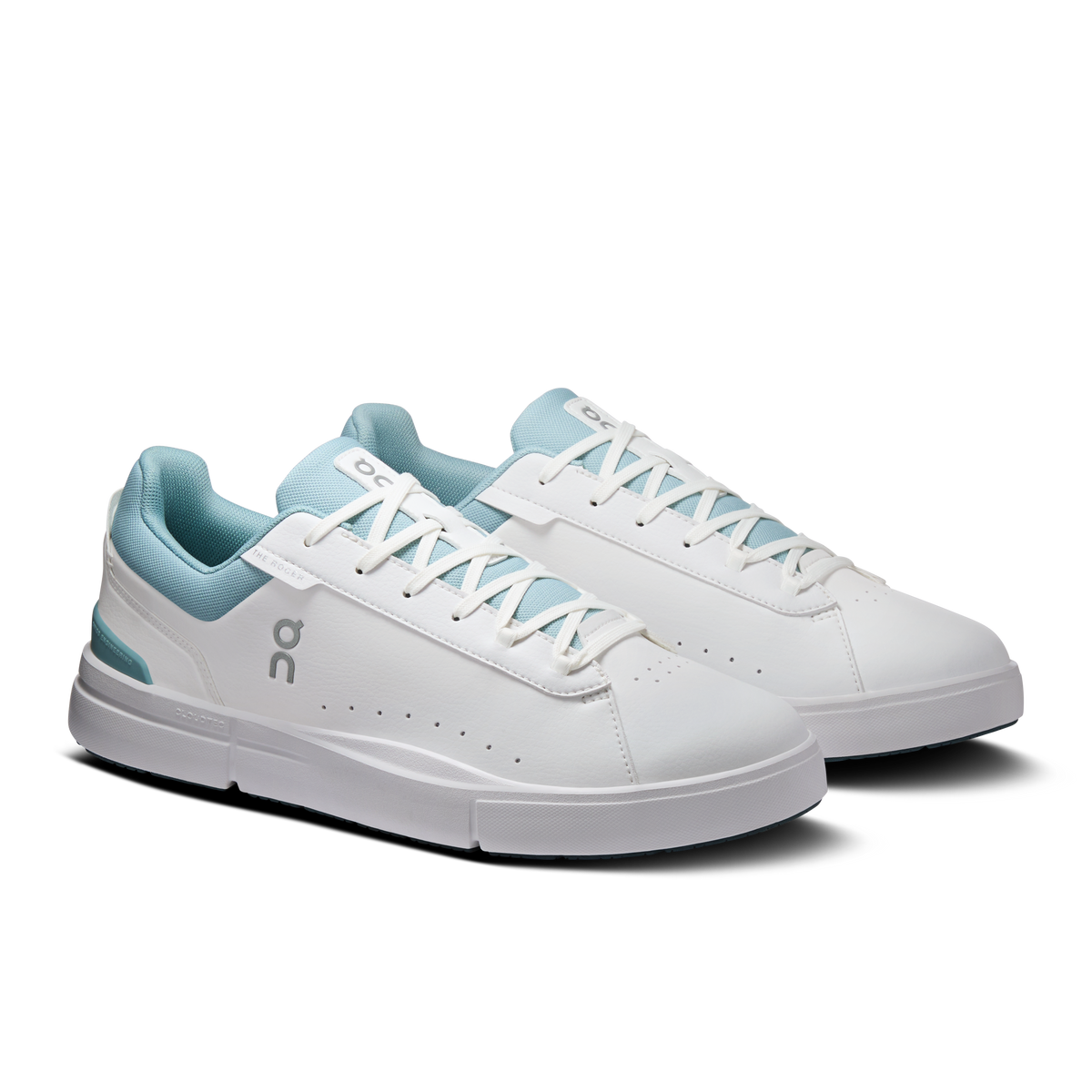 Men's white lace-up sneakers with light blue overlays, showing front profile
