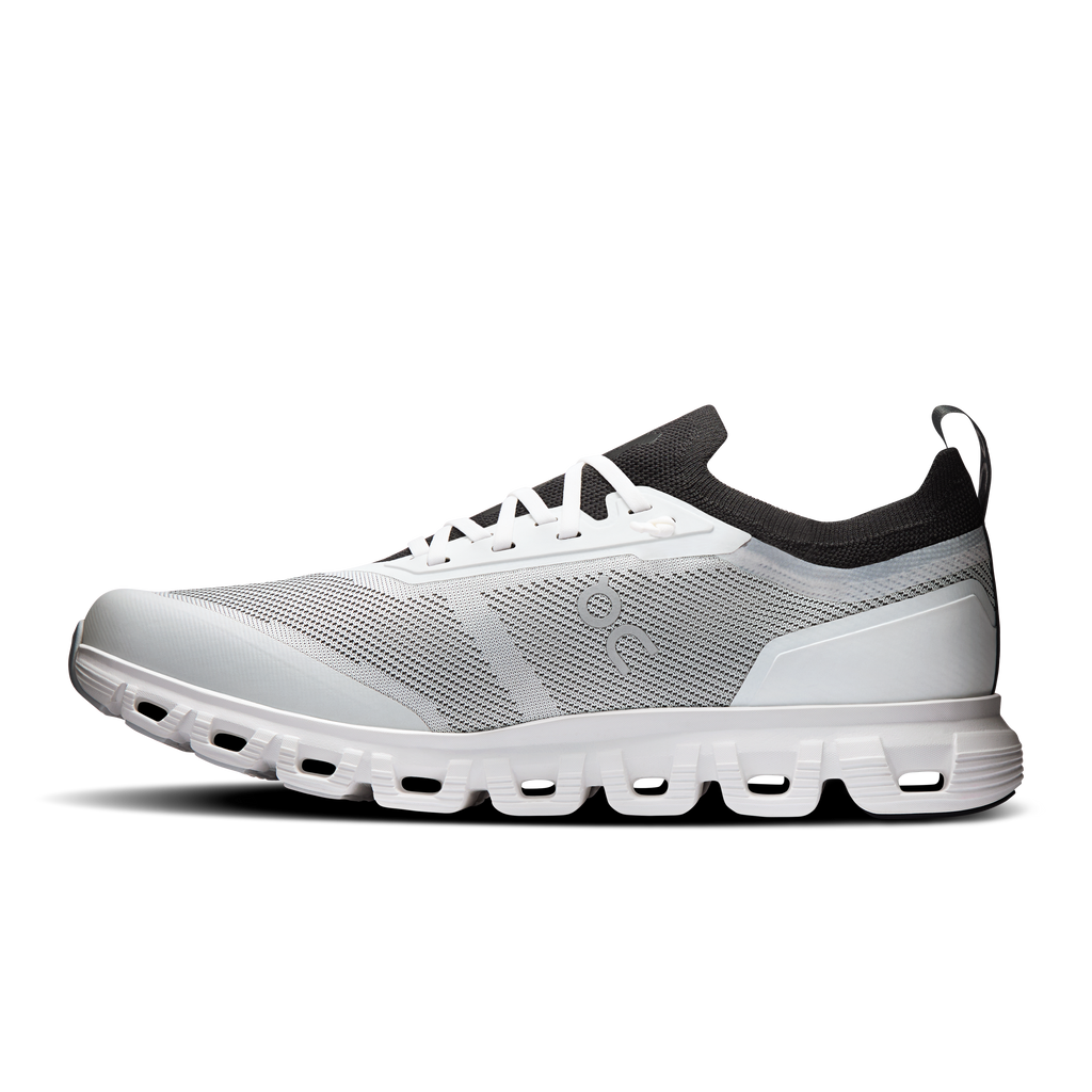 On Cloud 6 Versa running shoe, white knit upper with black collar and laces