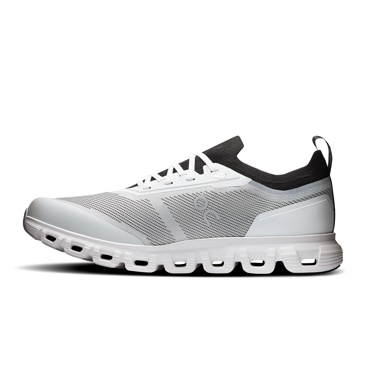 On Cloud 6 Versa running shoe, white knit upper with black collar and laces
