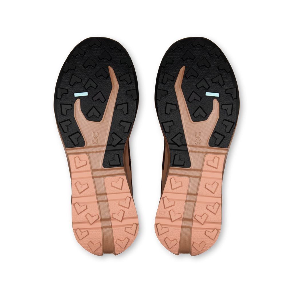 Pair of waterproof shoe outsoles with rugged tread pattern, dark and tan soles