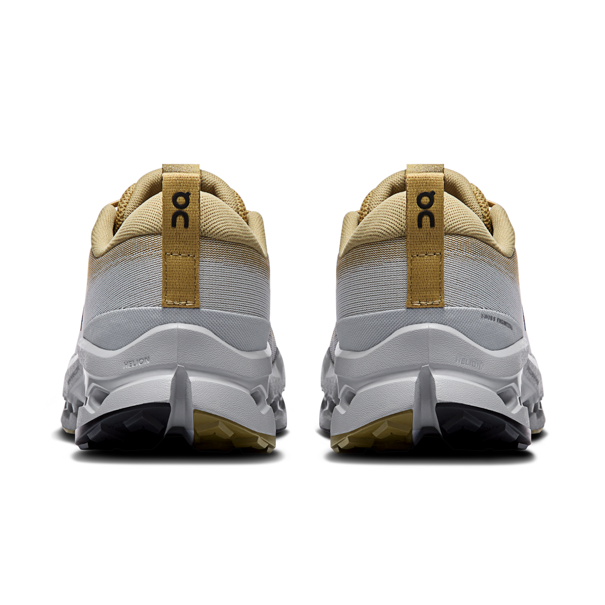 Men's trail running shoes, back view with tan heel loops and gray white midsole