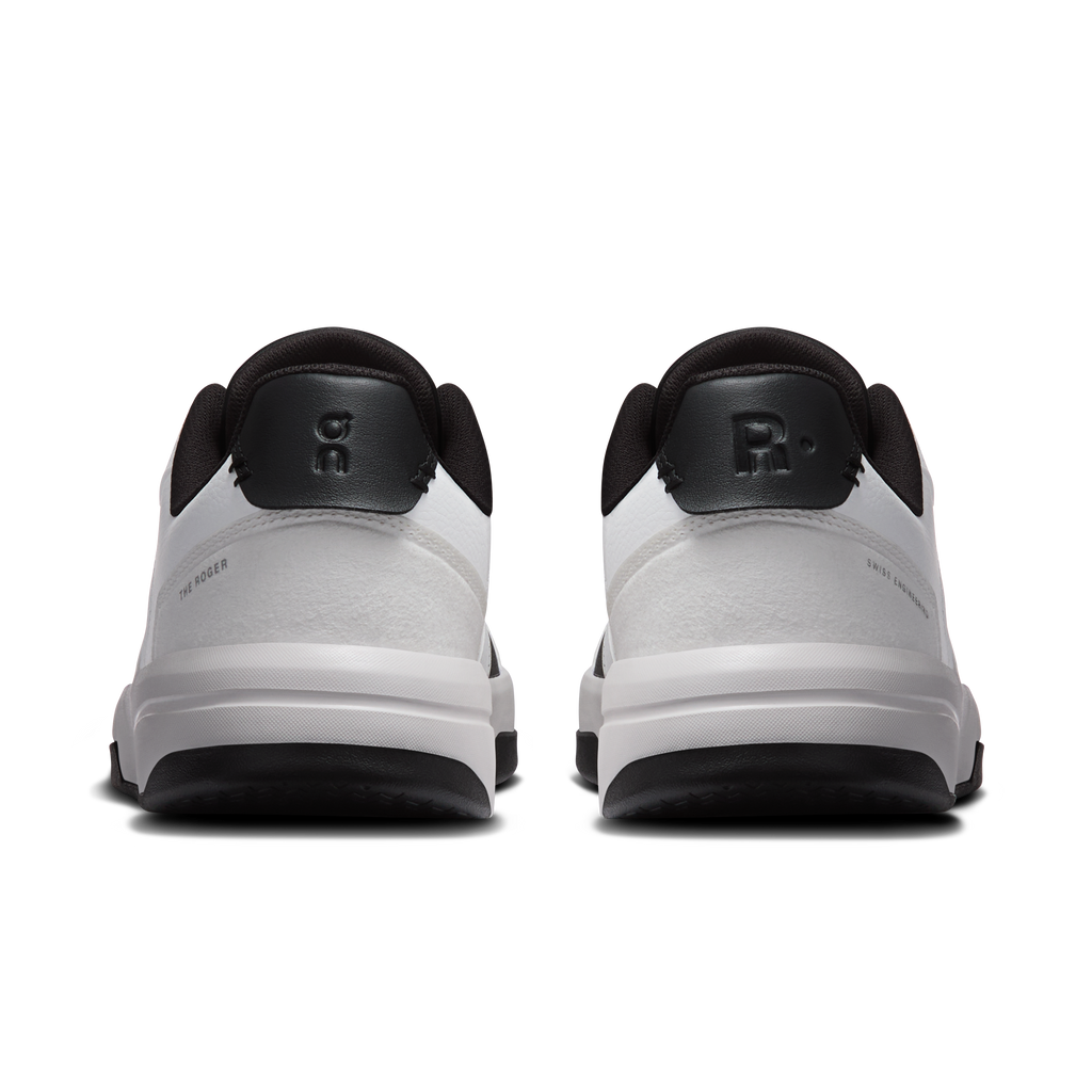 Men's back view of white and black sneakers with padded heel and rear logo