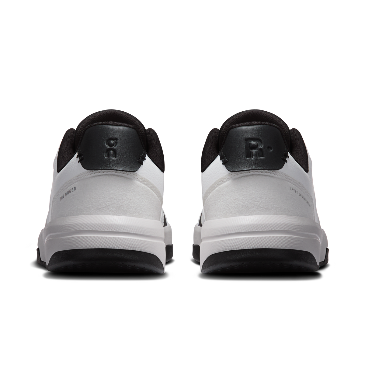 Men's back view of white and black sneakers with padded heel and rear logo