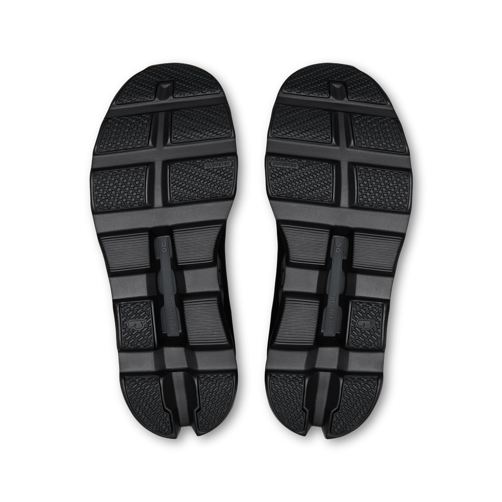 On Cloudmonster 1 women's black shoe outsoles, textured tread with center support.