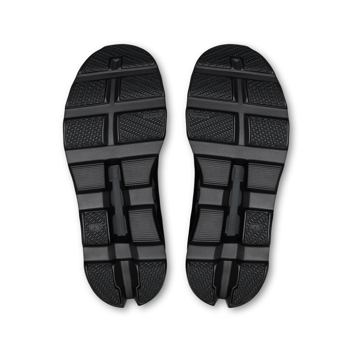 On Cloudmonster 1 women's black shoe outsoles, textured tread with center support.