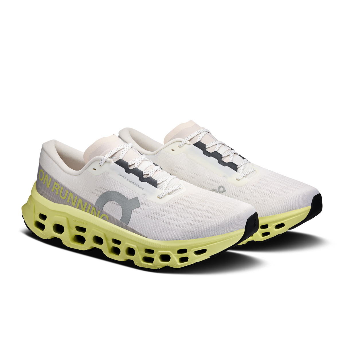 Men's ivory running shoes with neon-lime sole, side profile, lace-up