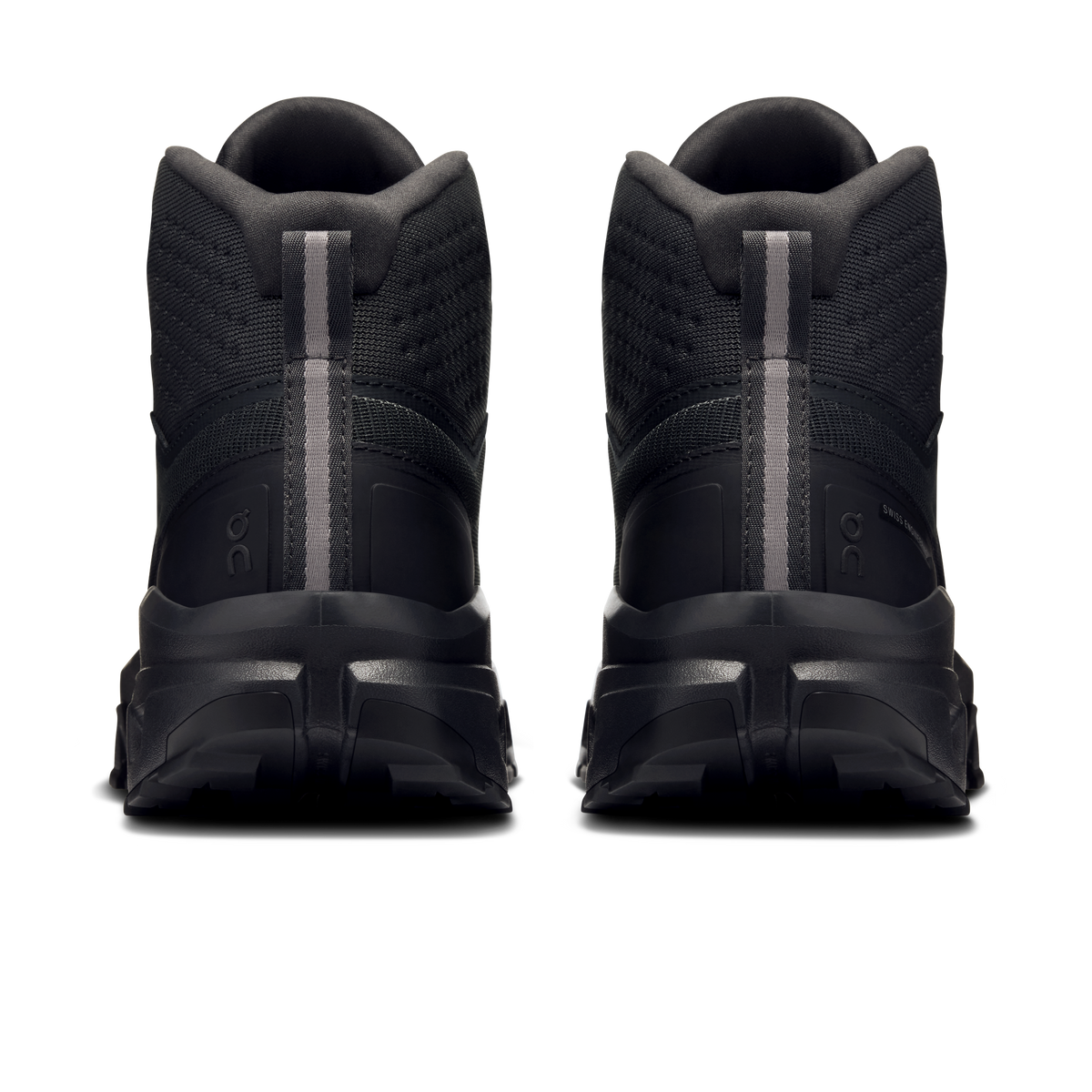 Black mid waterproof hiking shoe heels with pull tab and cushioned back collar