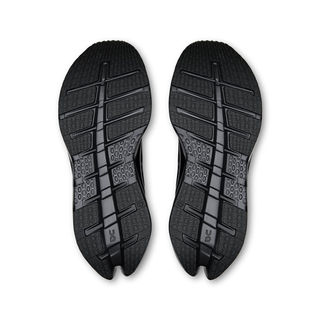 On Running wide shoes outsole, textured tread on black rubber soles