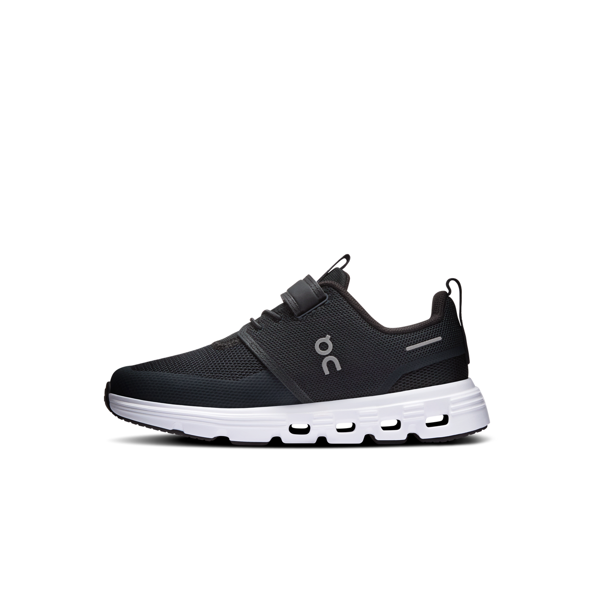 On Kids' Cloud Play 2 sneaker, black knit upper and white cloud cushioning sole