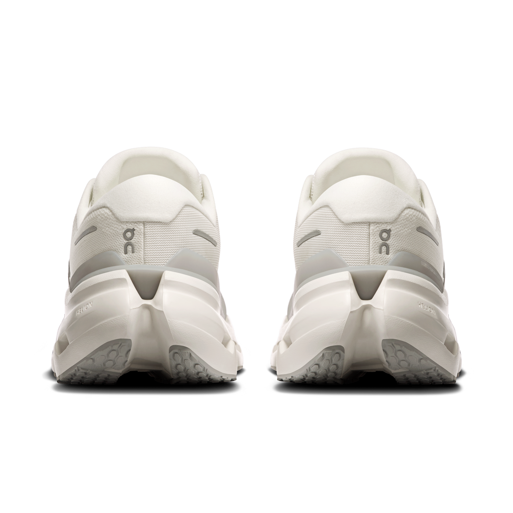 Men's wide running shoes back view in white with padded collar and CloudTec sole.