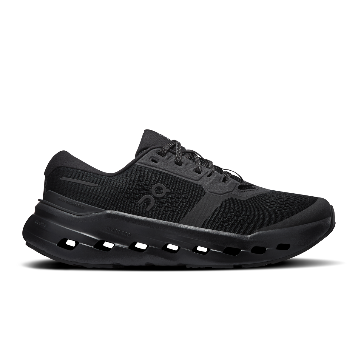 On Running men’s wide running shoes, black mesh upper with Cloud-style sole