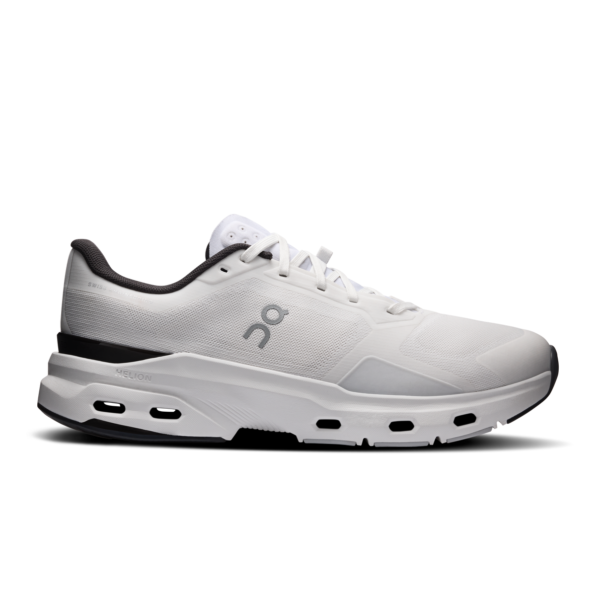Men's white running shoes with black heel and CloudTec cushioning pods