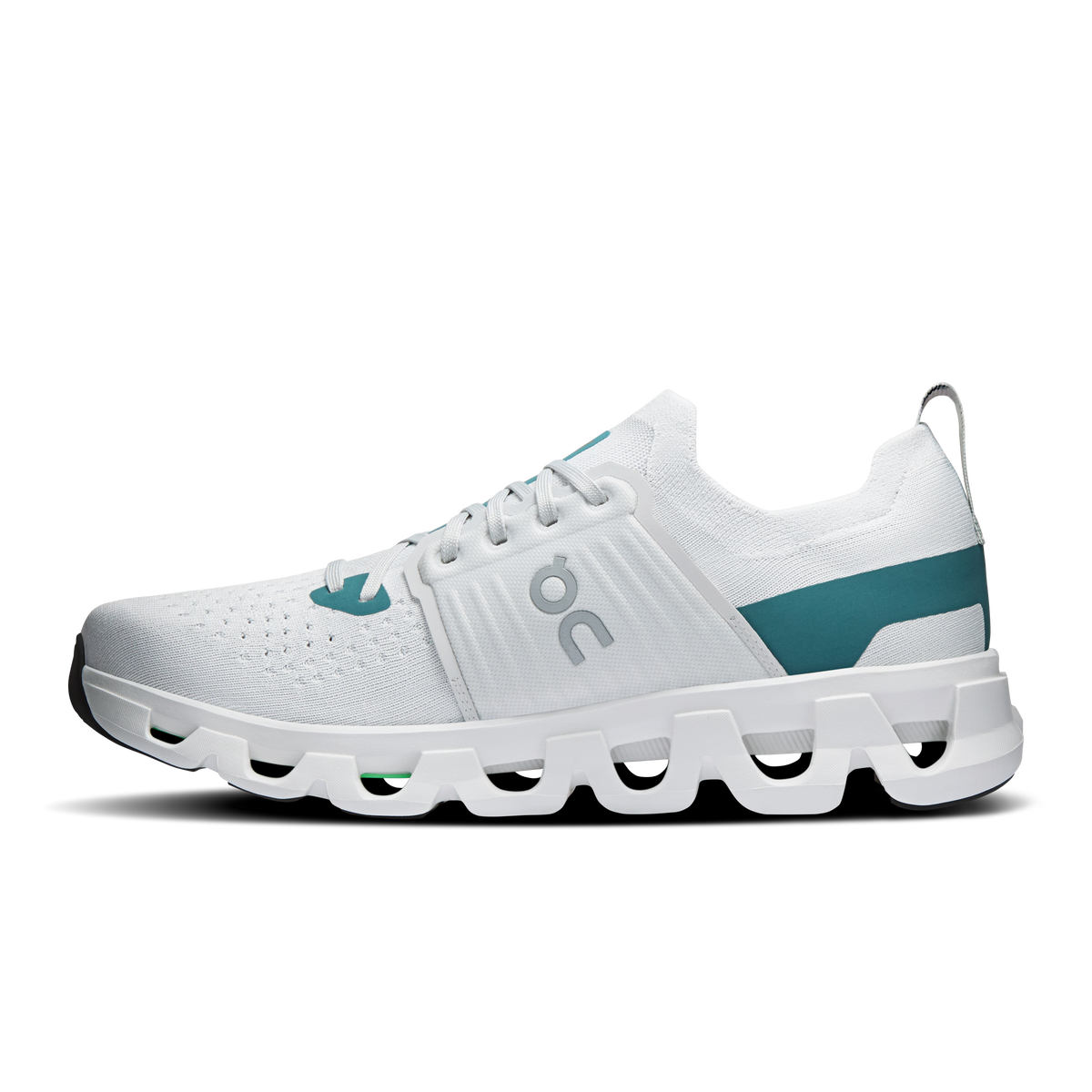 Men's white low-top running shoe with teal side panel and laced knit upper